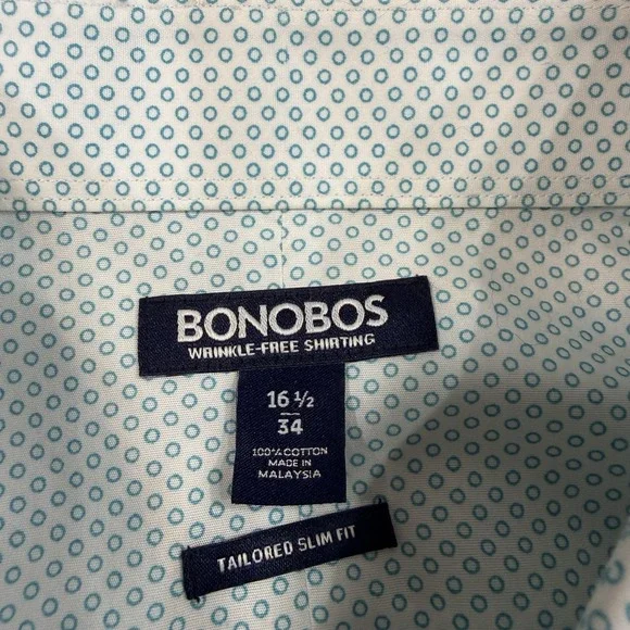 Bonobos Tailored Slim Fit Geometric Dress Shirt Green 16.5 34 Wrinkle Free - Picture 2 of 9